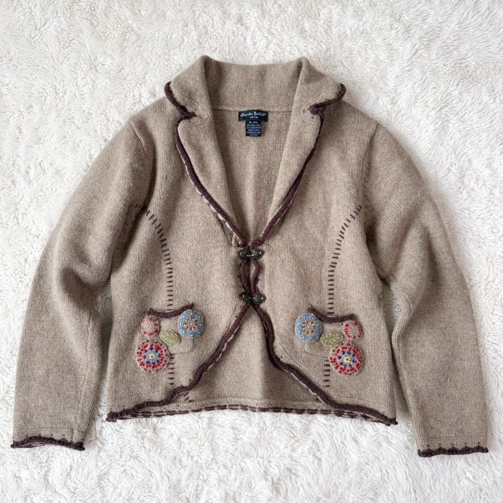 VTG Alexandra Bartlett Wool Floral Embroidered Cottagecore Knit Cardigan Sweater